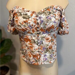 Heartloom Floral Off-Shoulder Crop Top in Cream, Rust & Lavender